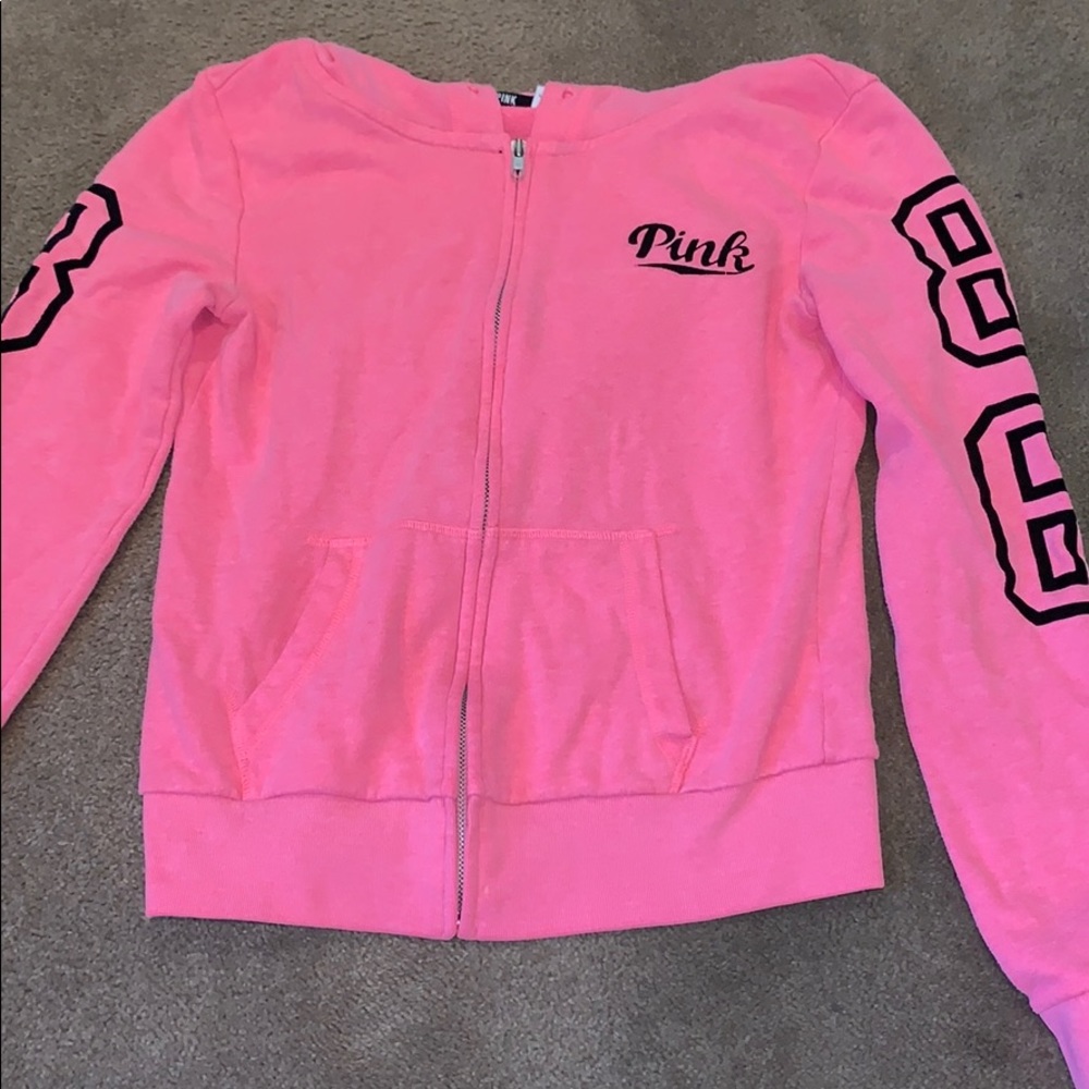 “PINK” pink and black zip up hoodie